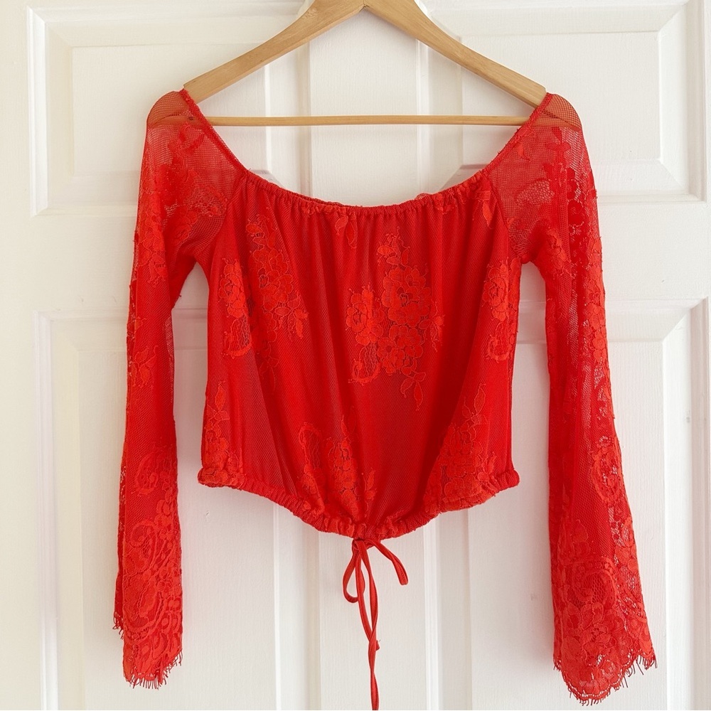 Revolve Lovers + Friends Long Sleeve Sheer‎ Lace Floral Top Red Size Small